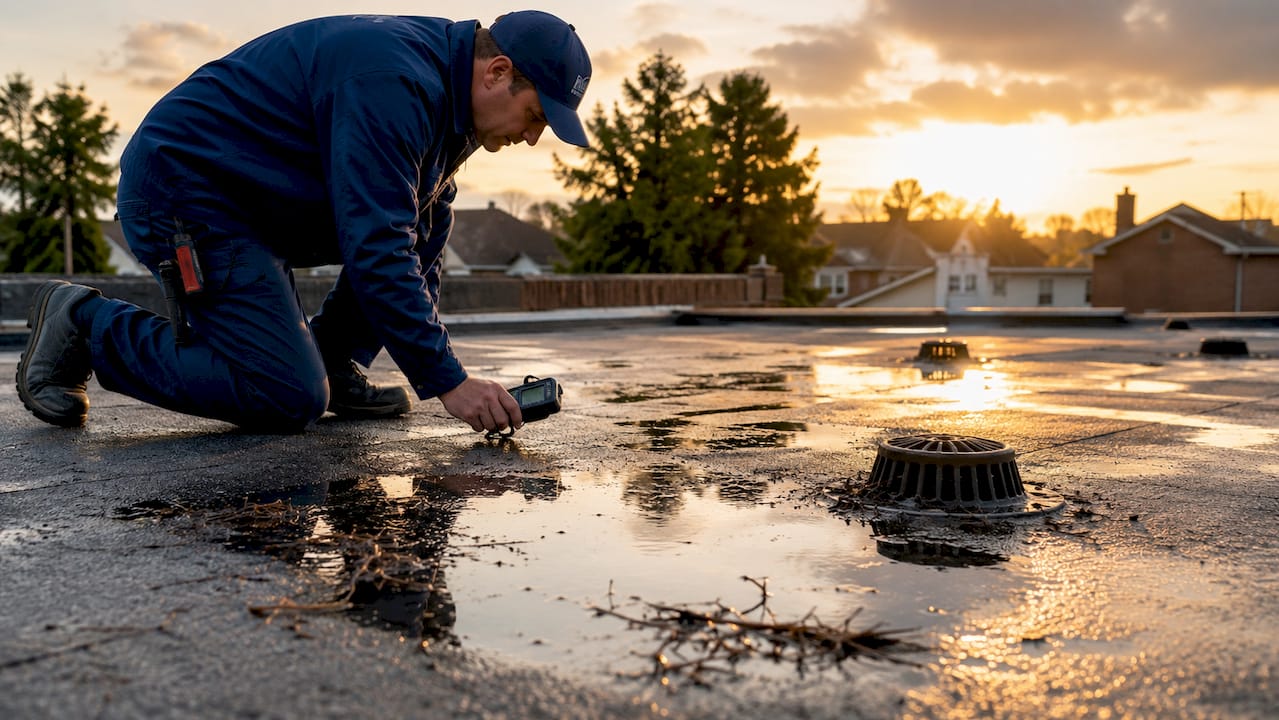 Flat roof with ponding water and inspection