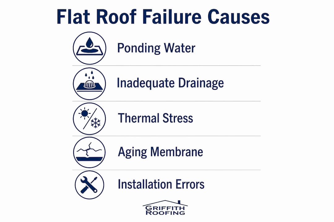 Infographic illustrating main causes of flat roof failure