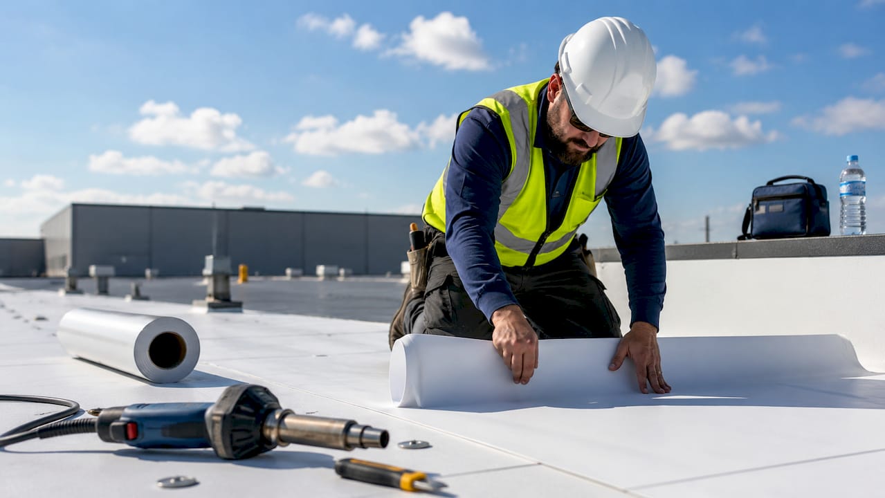 Commercial roofing membrane installation on flat roof
