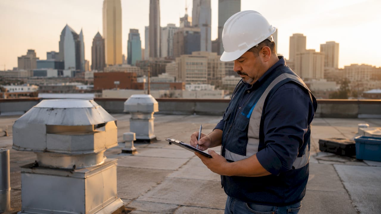 Contractor inspecting commercial roof with clipboard