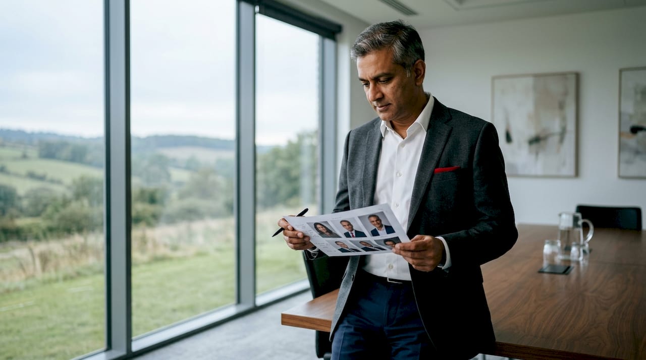 Professional reviewing business portrait proofs in office