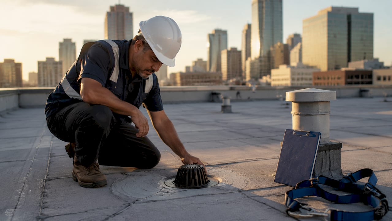 Commercial roofing inspector examining roof drain on flat roof