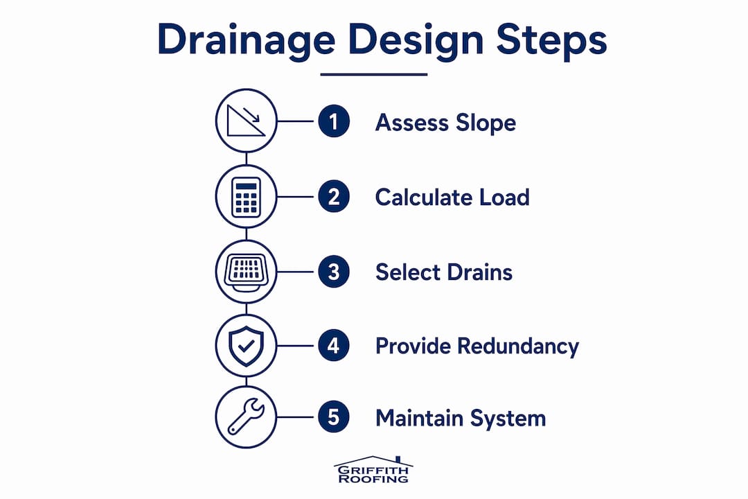 Infographic showing commercial roof drainage design steps