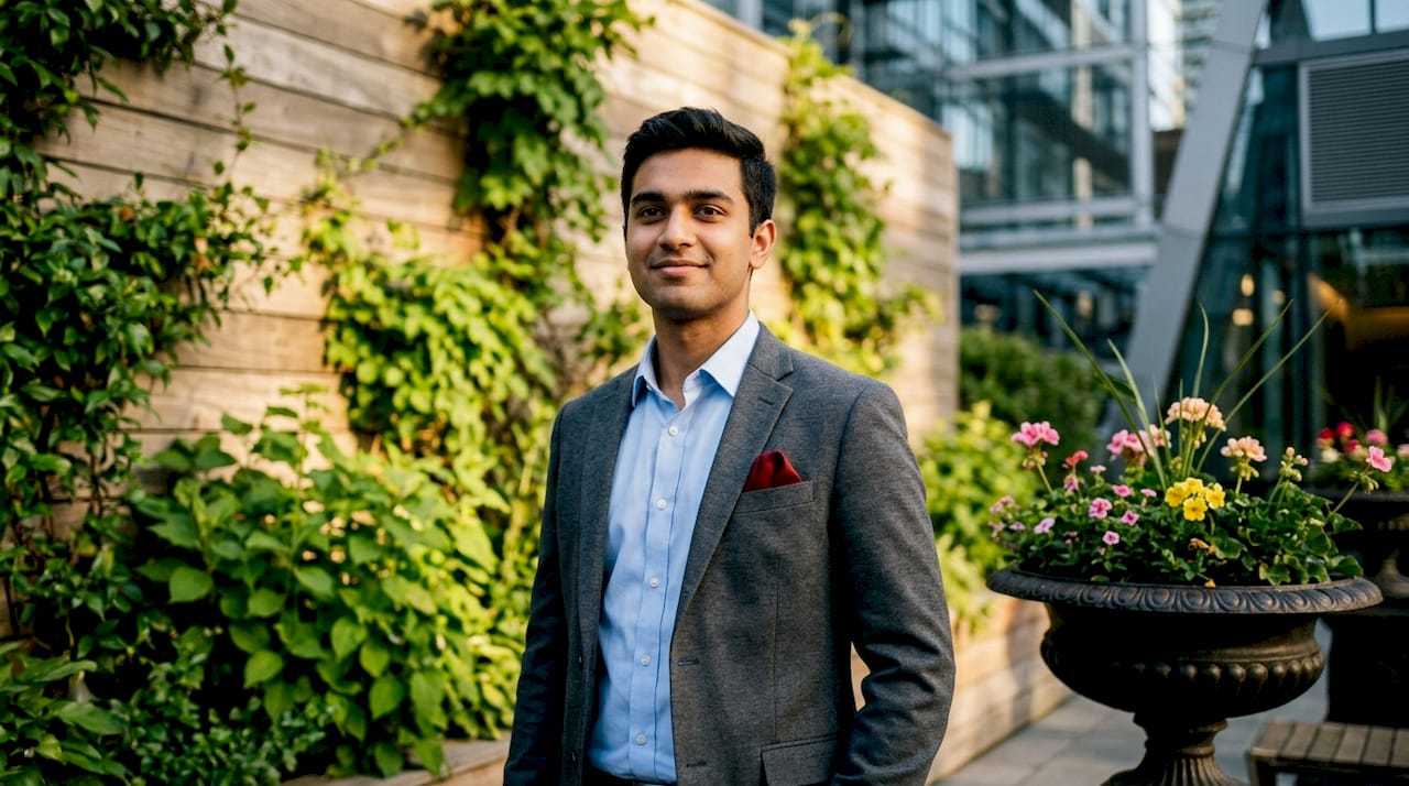 Employee posing for standardized headshot in studio