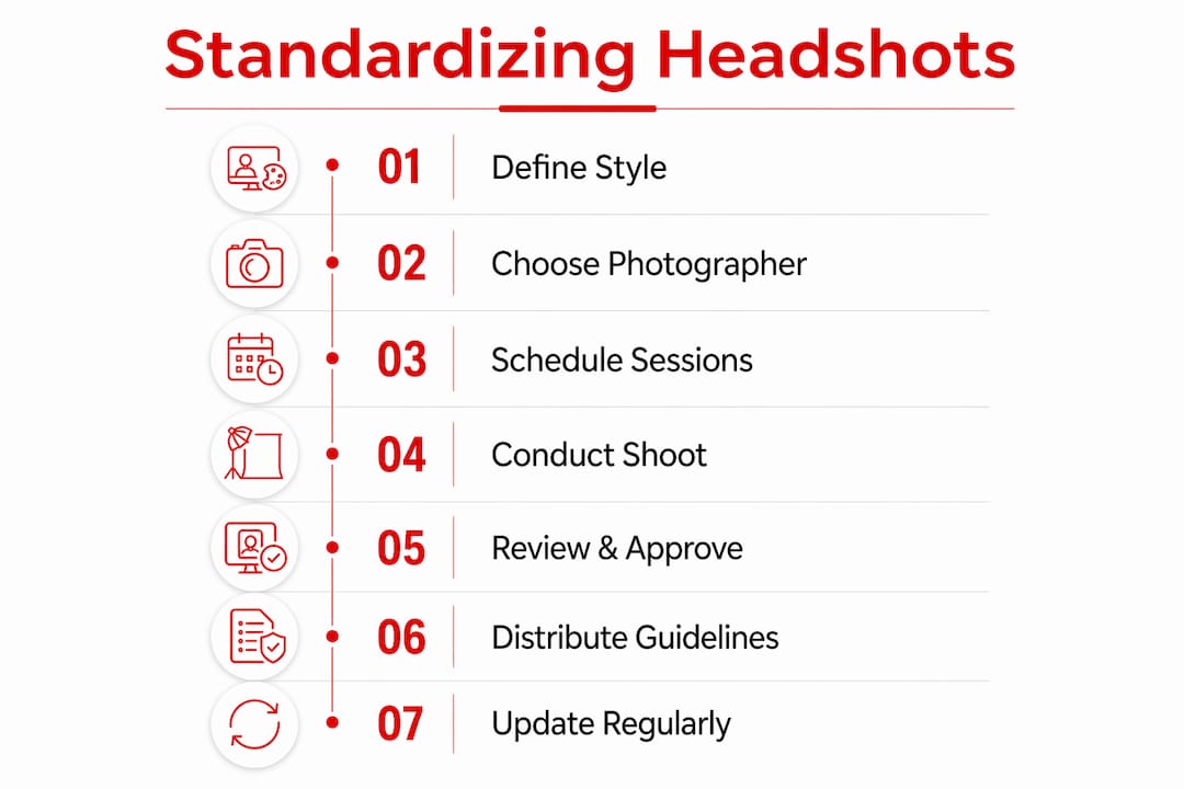 Infographic depicting steps to standardize employee headshots company-wide