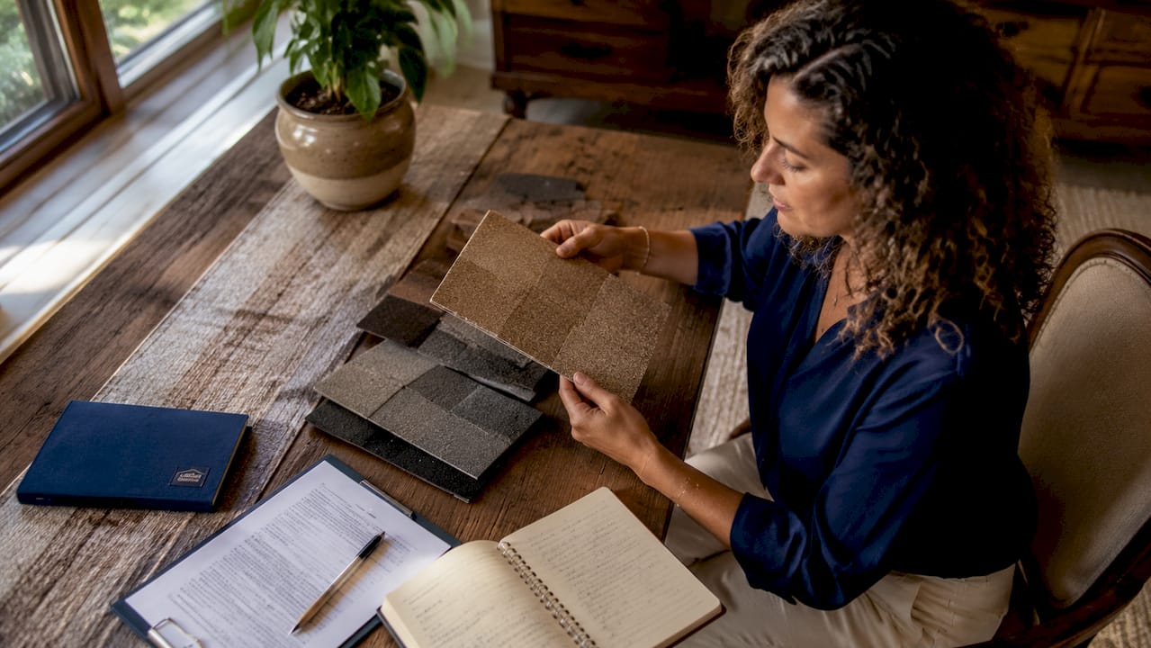 Homeowner choosing roofing materials at table