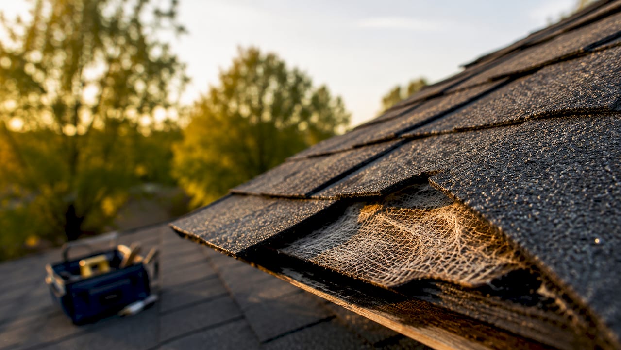 Close-up of asphalt shingle layers on roof