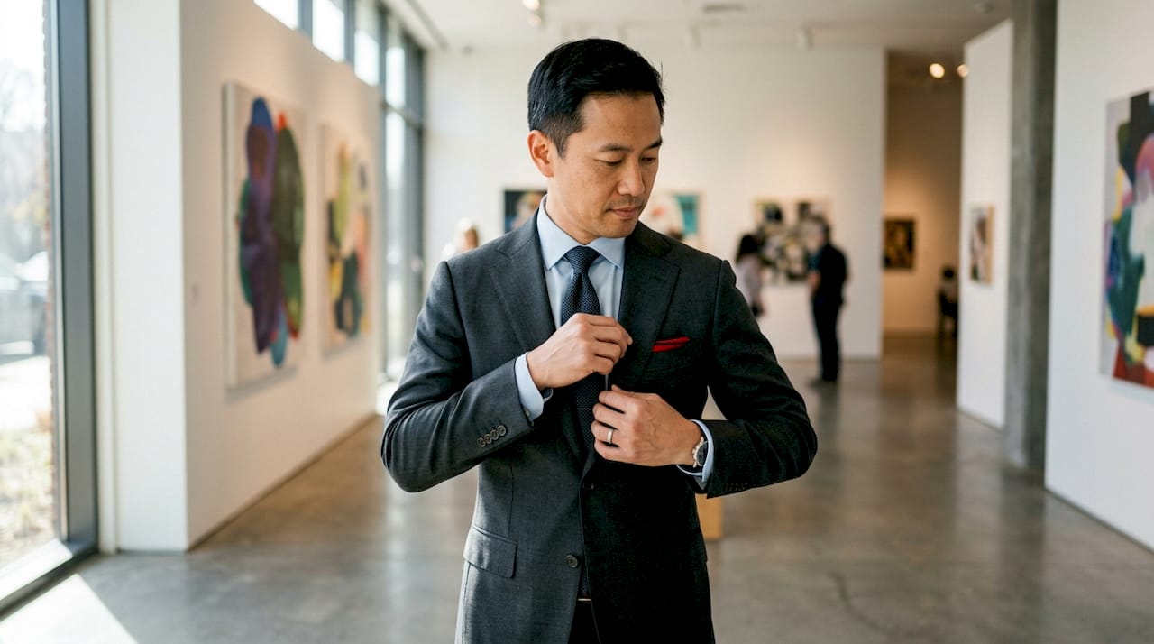 Man buttoning suit jacket in office hallway