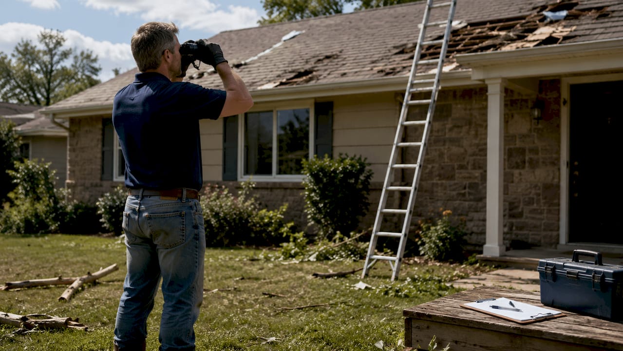 Roofing inspector examining shingles after storm