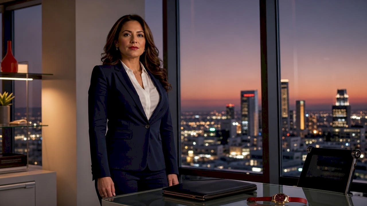 Hispanic female CEO portrait in office with city view