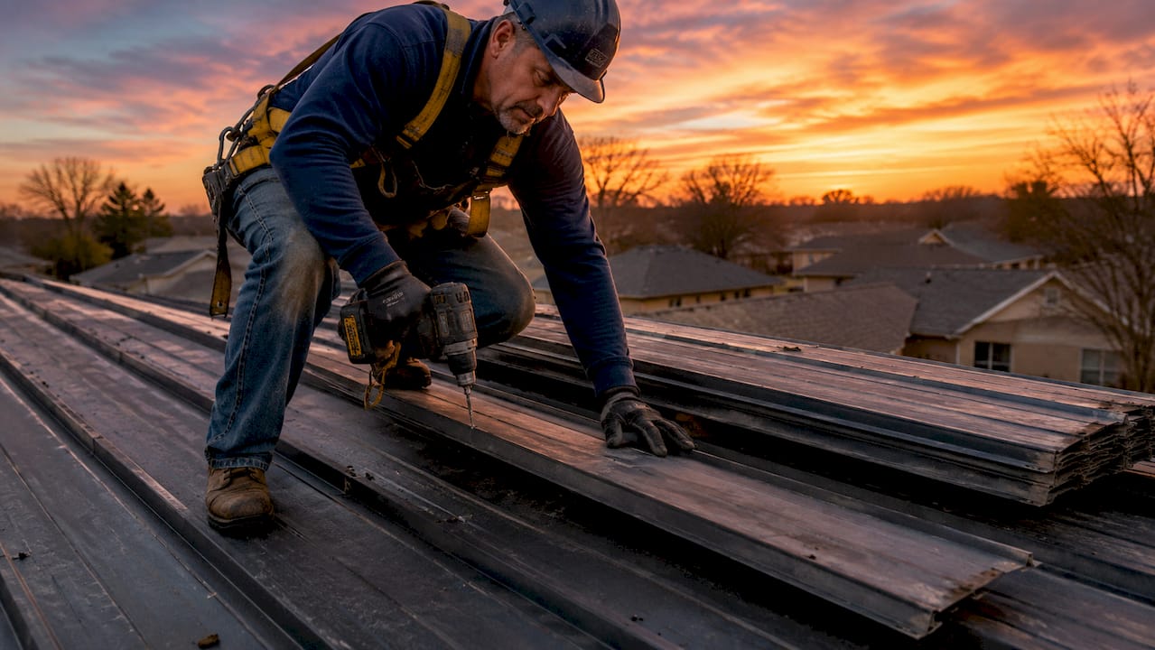 Roofer removing damaged metal roof panels outdoors