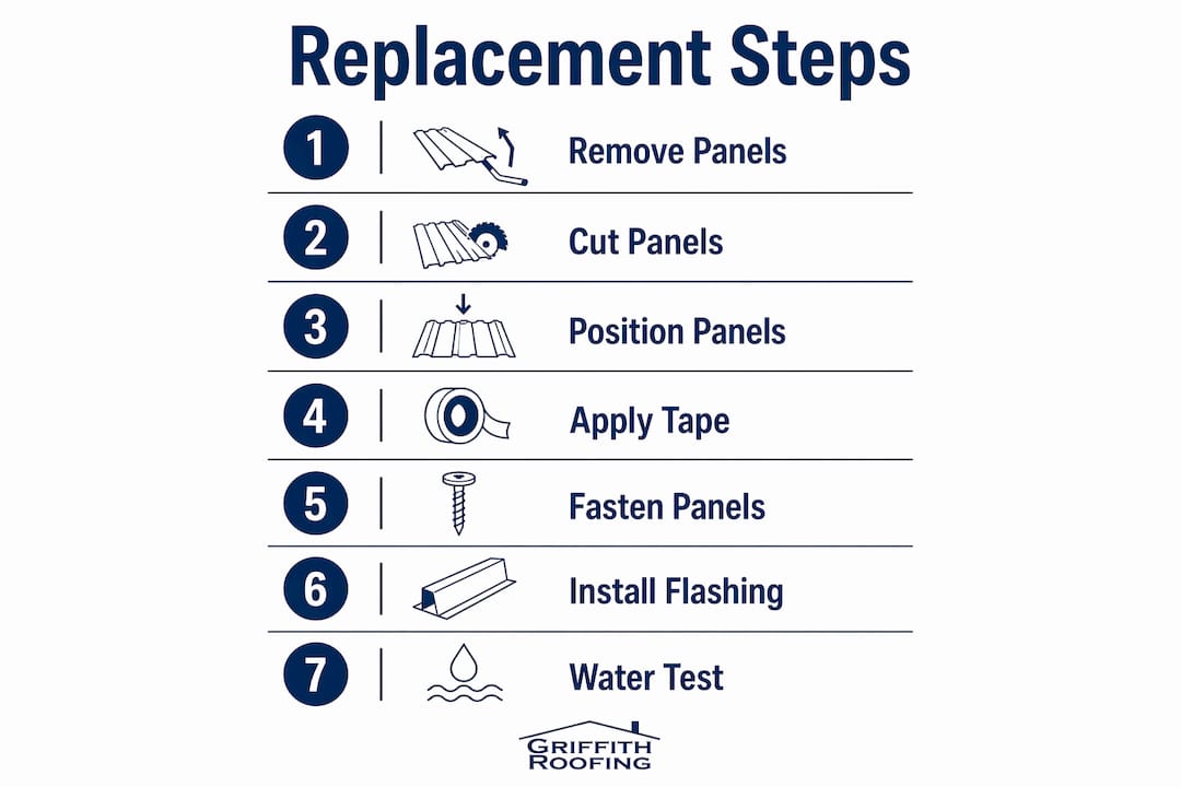 Infographic showing metal roof panel replacement step-by-step process