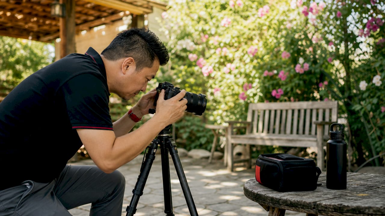 Photographer adjusting camera in executive office