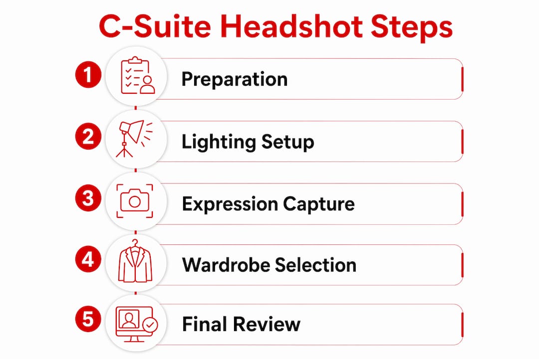 Infographic illustrating five key steps in executive headshots