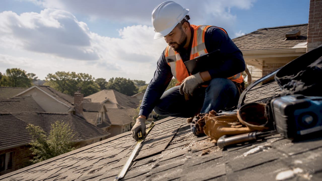 Roofer measuring roof shingles after DFW storm