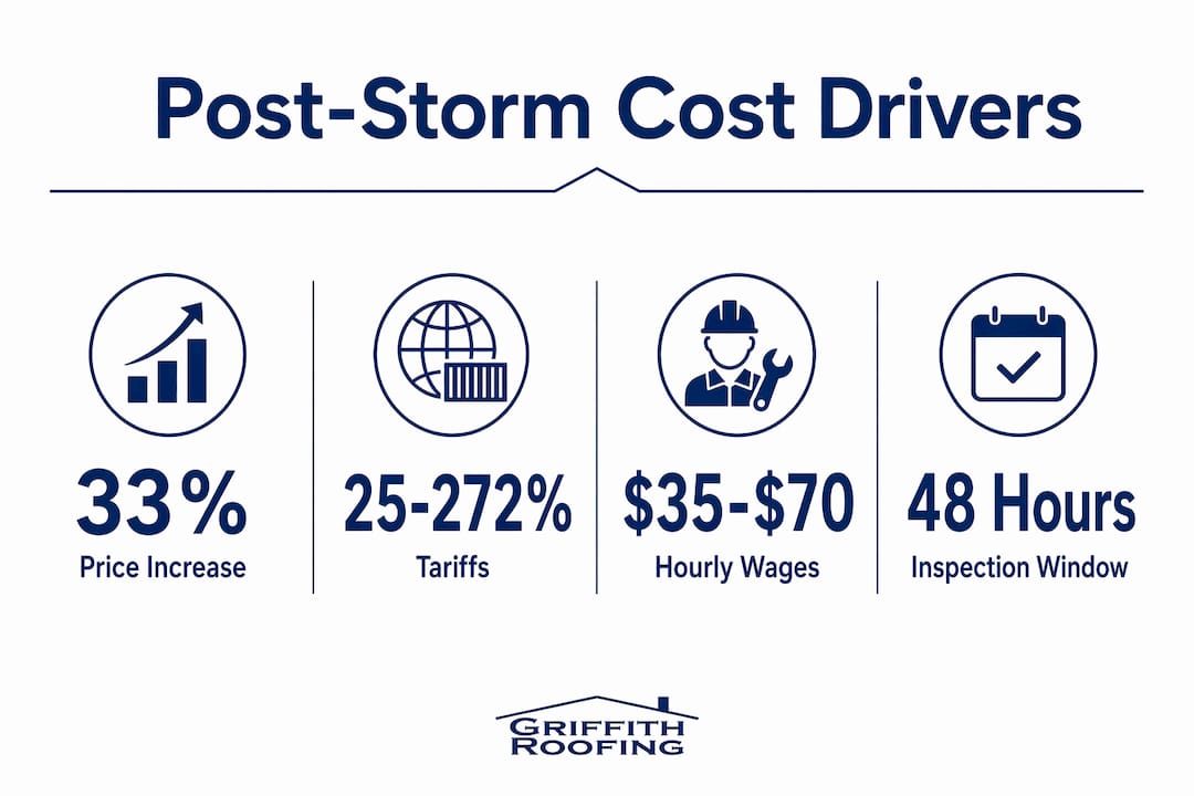 Infographic showing key stats driving post-storm roofing prices
