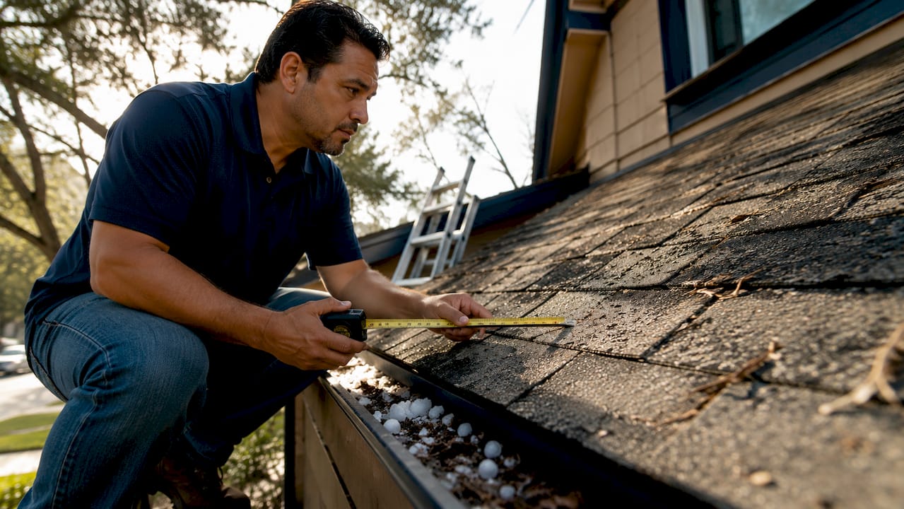 Man inspecting hail-damaged roof shingles