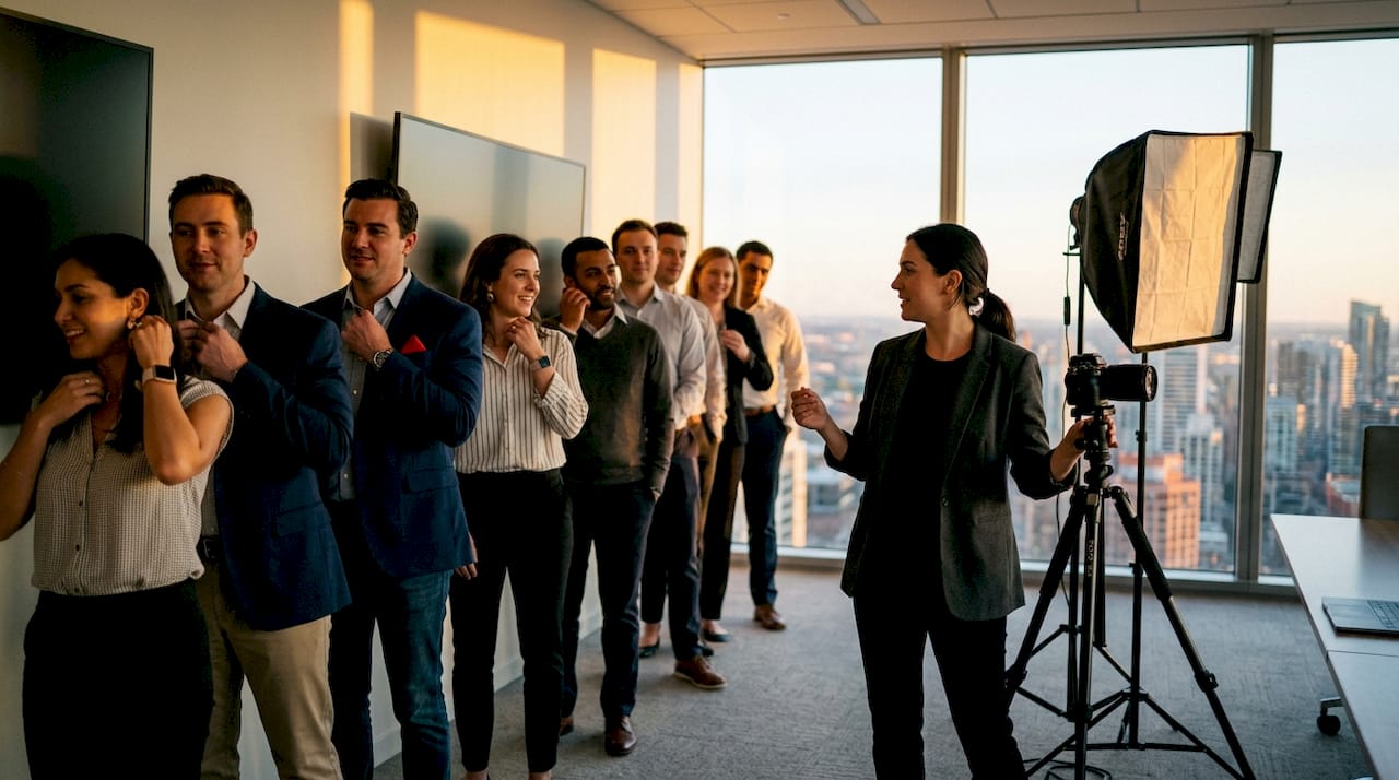 Corporate team lined up for onsite headshots