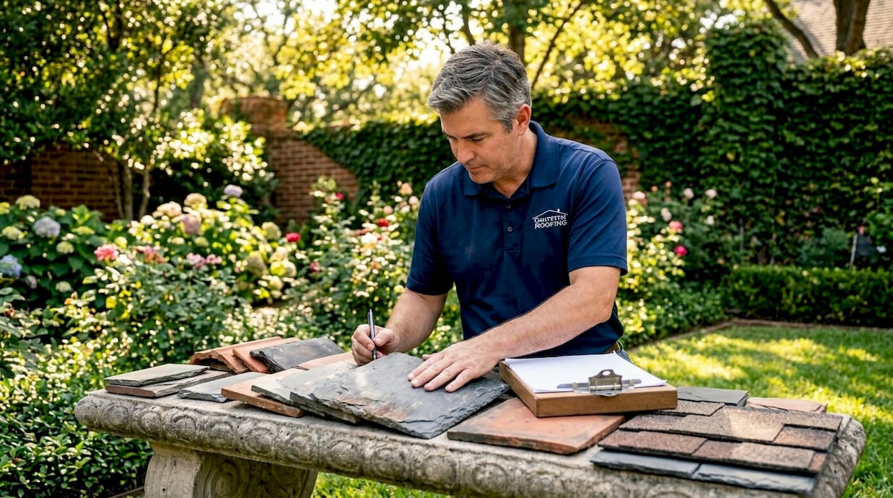 Roof expert inspecting slate roof samples