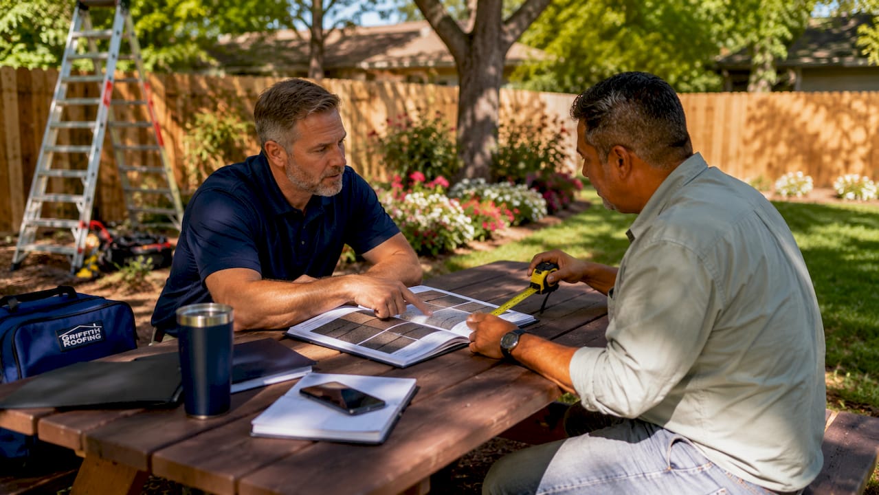 Homeowner reviewing roofing materials with contractor outdoors