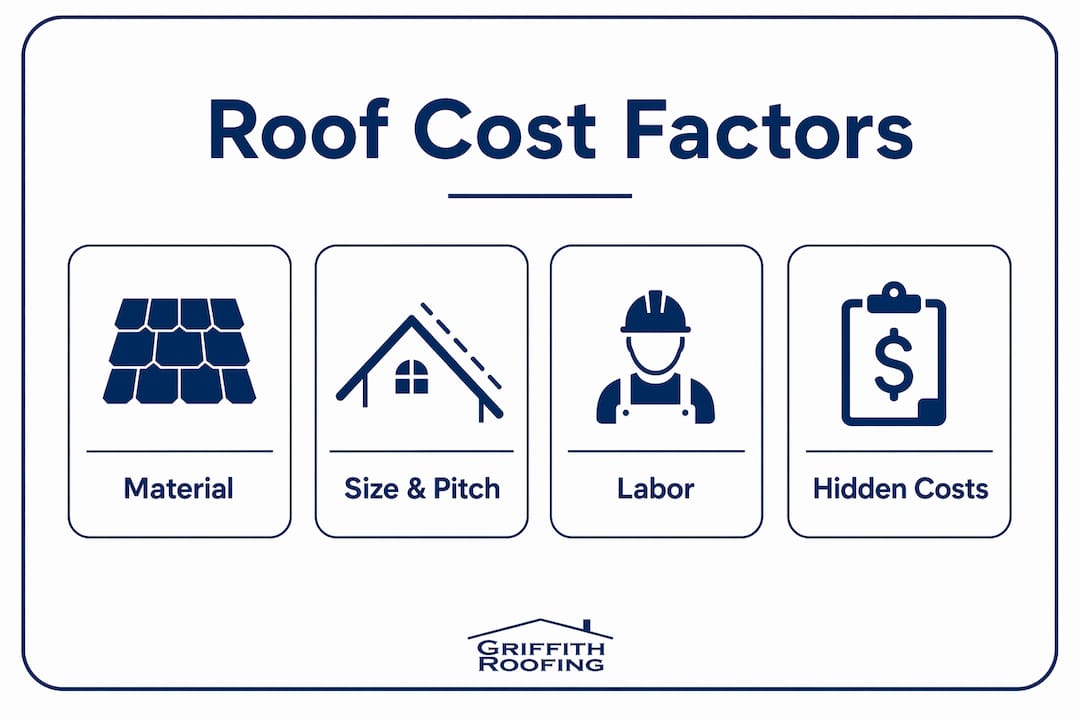 Infographic showing key residential roof cost factors in vertical flow