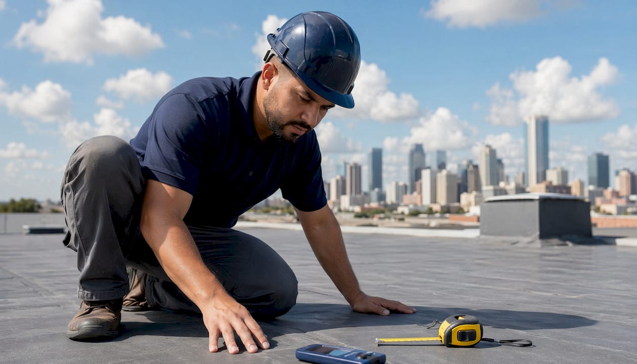 Roofer inspecting commercial roof surface