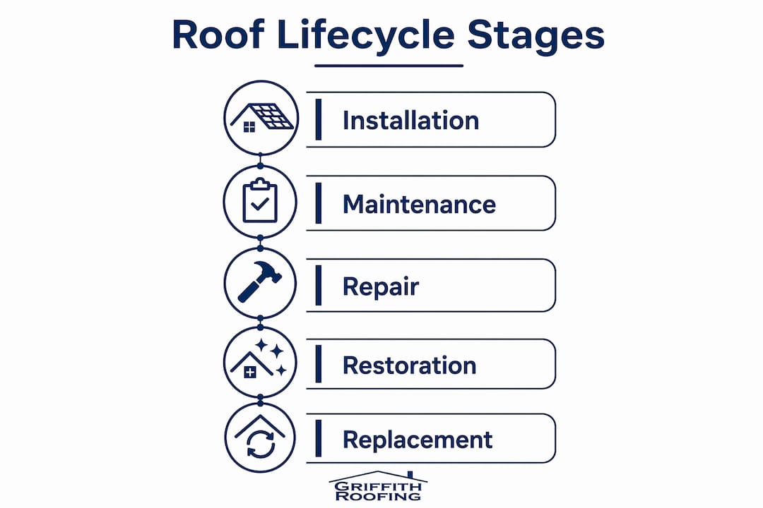 Infographic illustrating commercial roof lifecycle stages