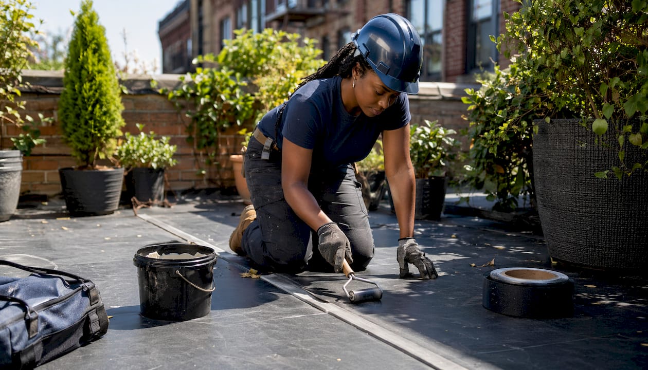 Roofer inspecting EPDM roofing seams on flat roof