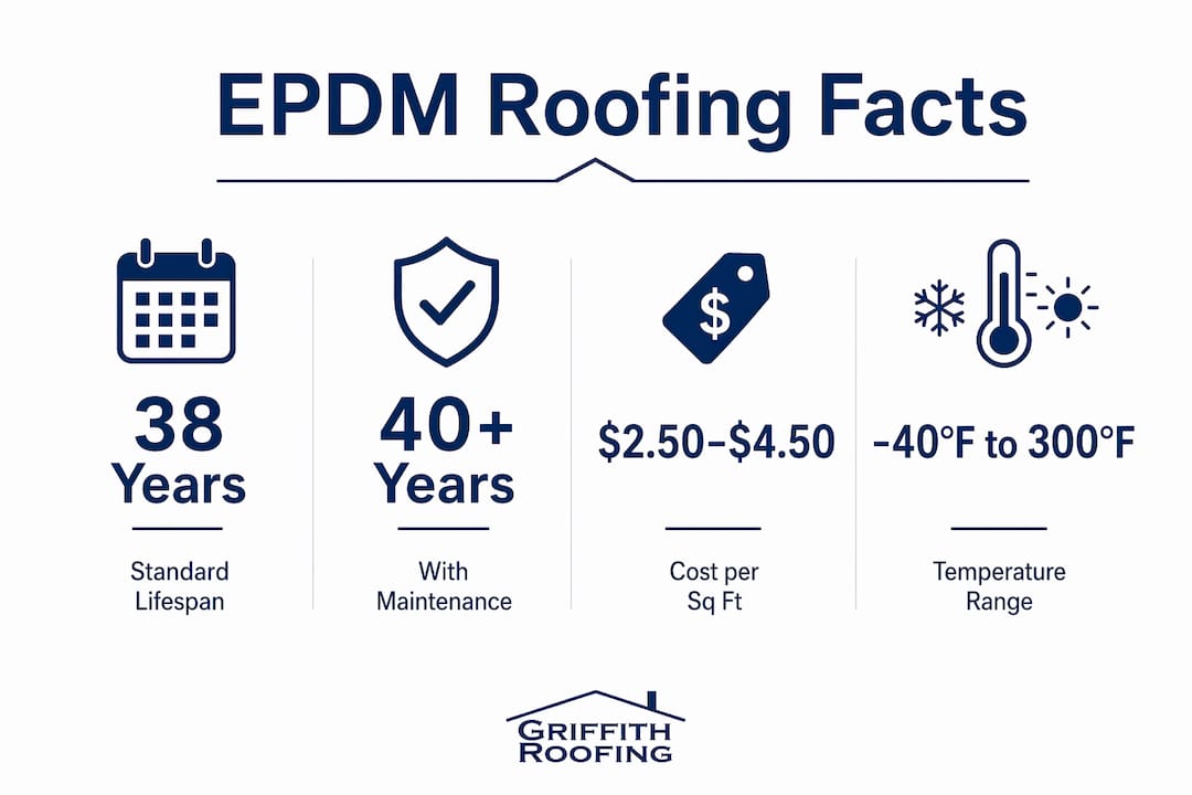 Infographic showing EPDM roofing lifespan and key stats
