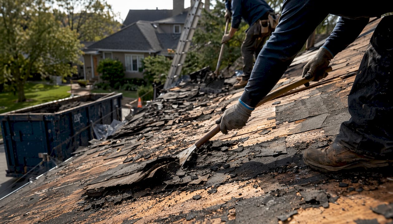 Professional removing old roof shingles from house