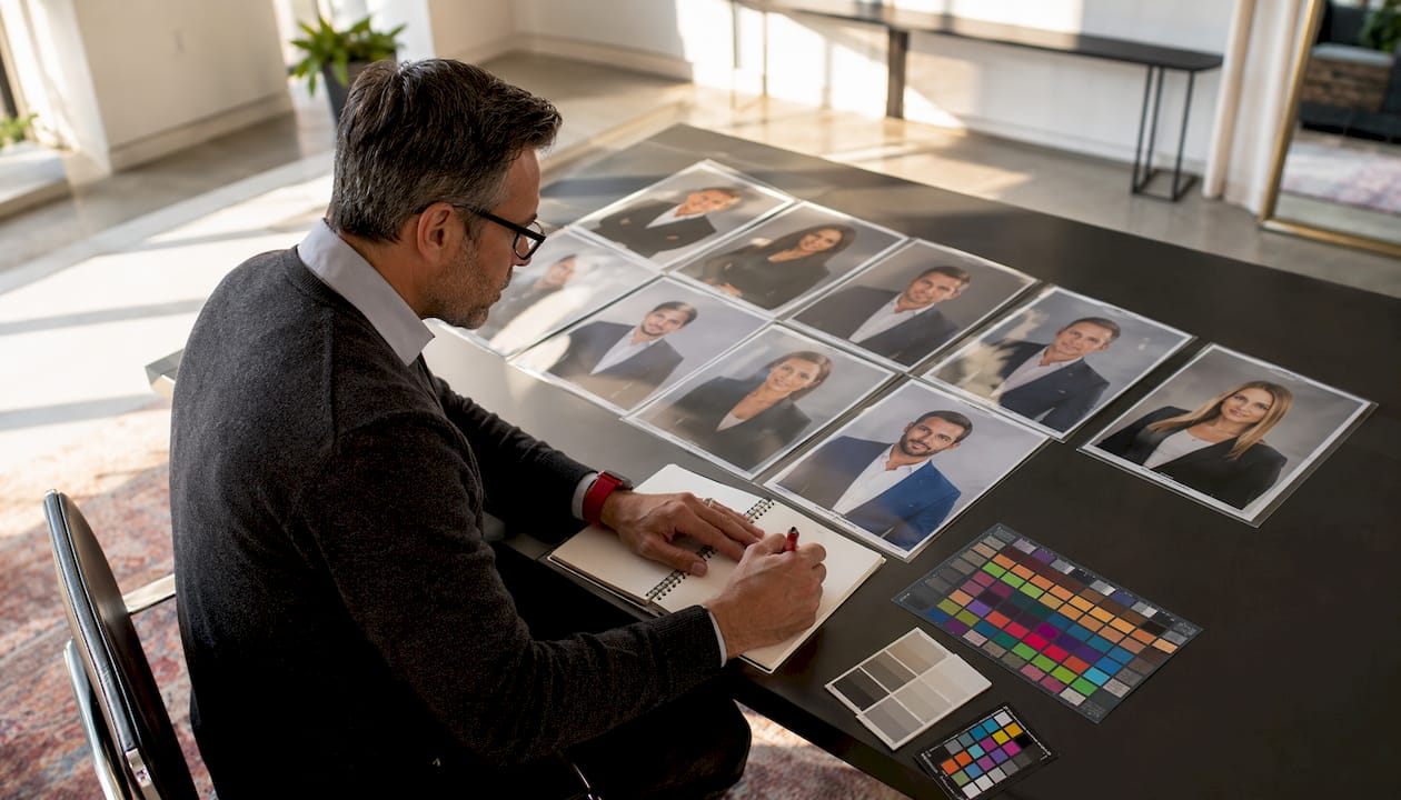 Quality controller reviewing printed corporate photos