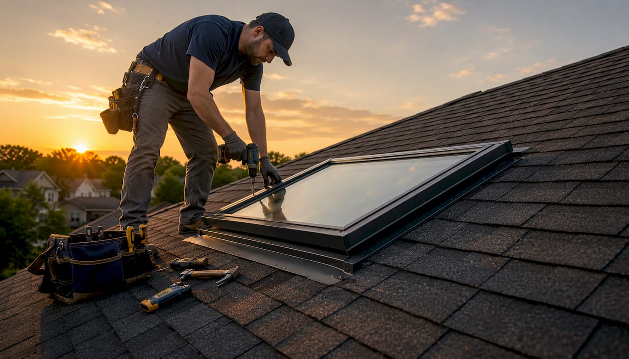 Roofer installing fixed skylight on roof