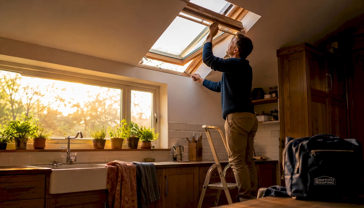 Person opening ventilating skylight indoors
