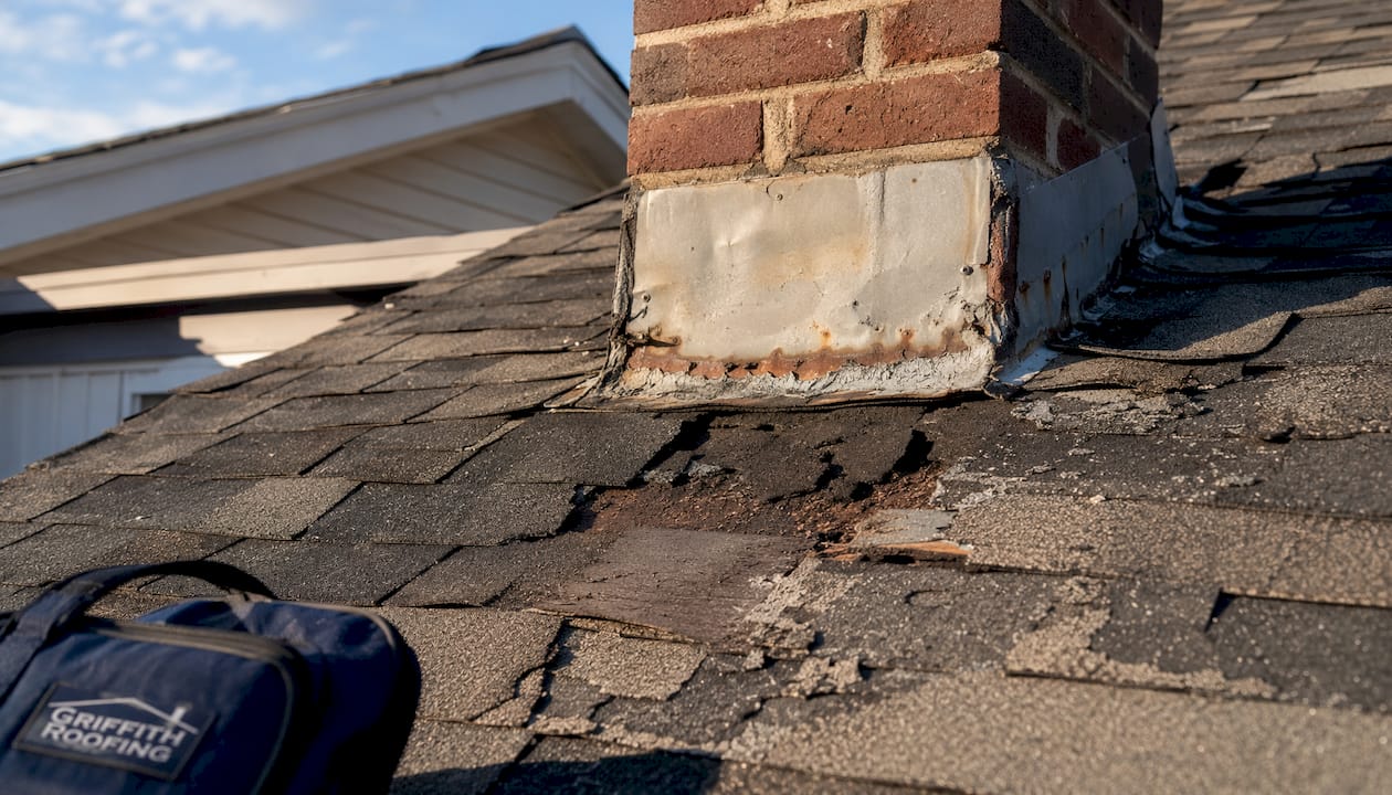 Worn shingles and damaged flashing on roof