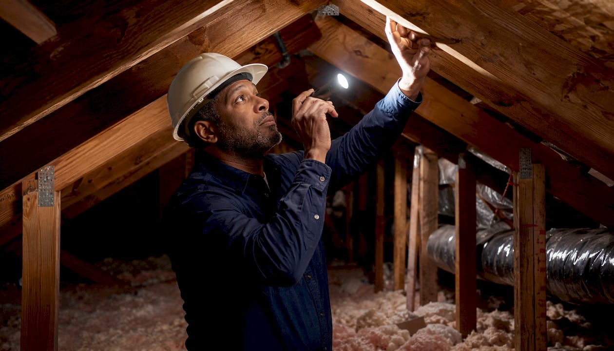 Inspector examining attic roof structure