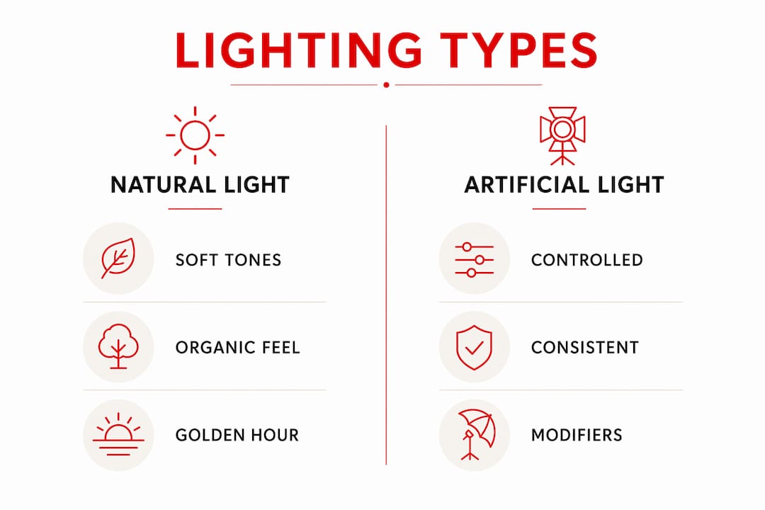 Infographic comparing natural and artificial portrait lighting