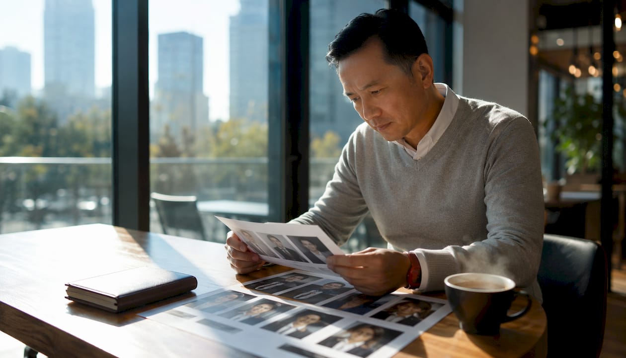 Man arranging headshots on conference table