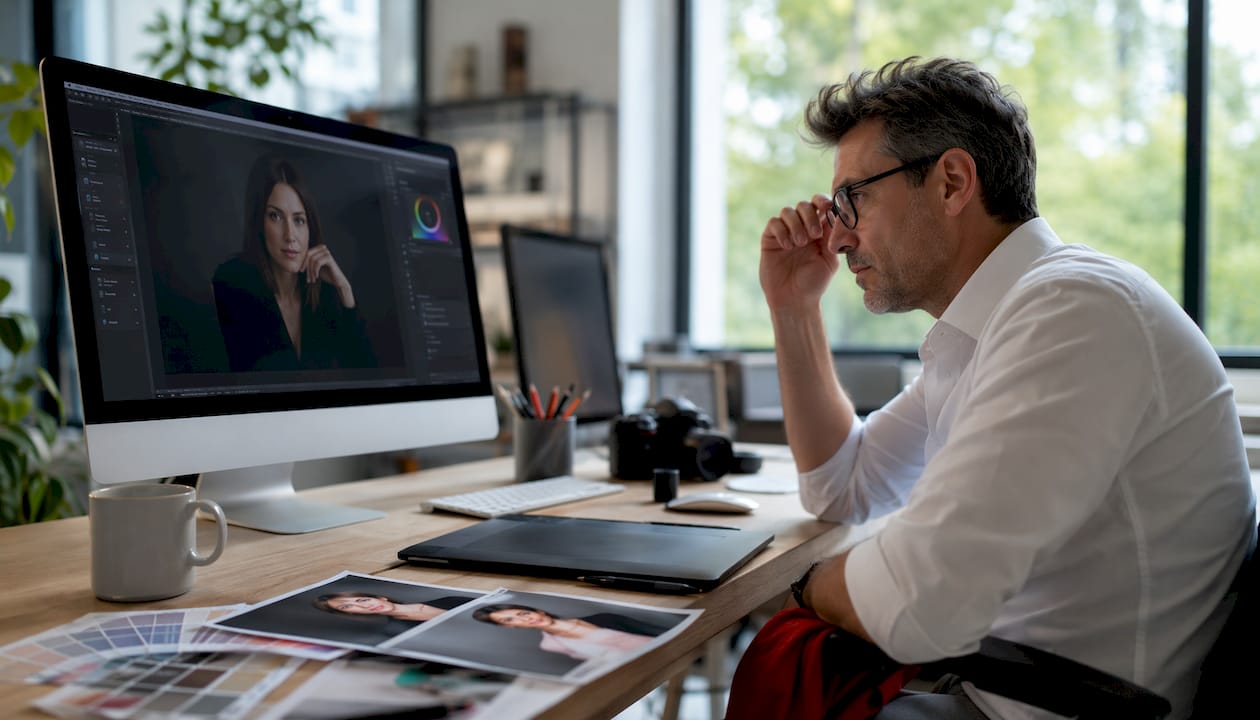 Photographer ethically retouching headshots at desk