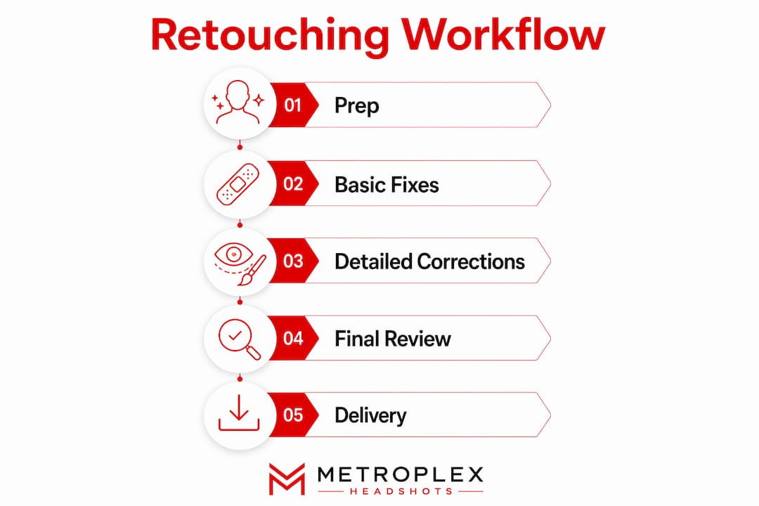 Infographic showing professional headshot retouching workflow steps