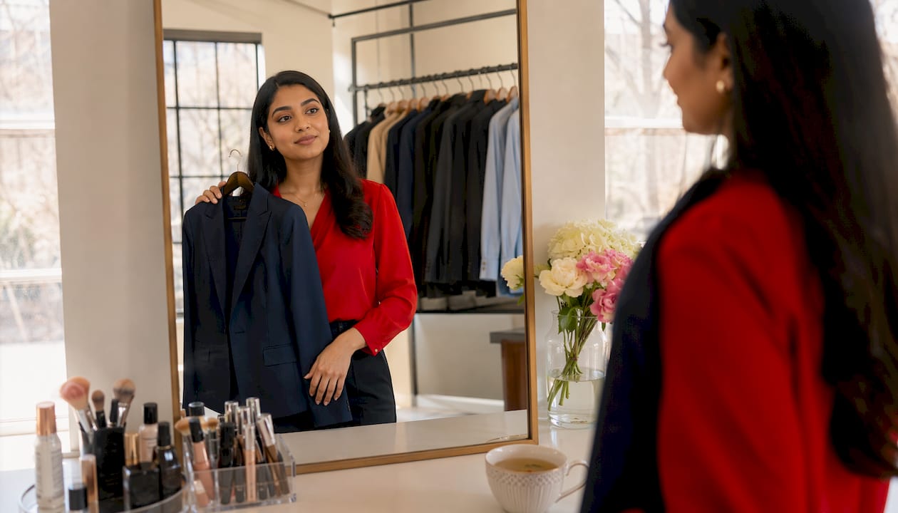 Woman prepping wardrobe for executive photoshoot