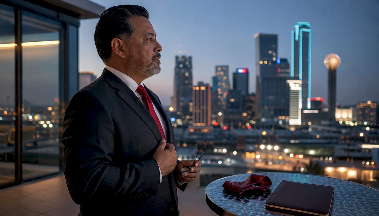 Hispanic male executive adjusting jacket in conference room