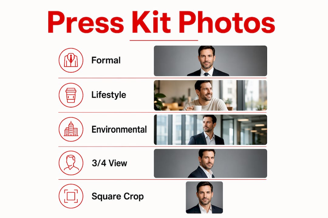 Infographic showing press kit photo types and tips