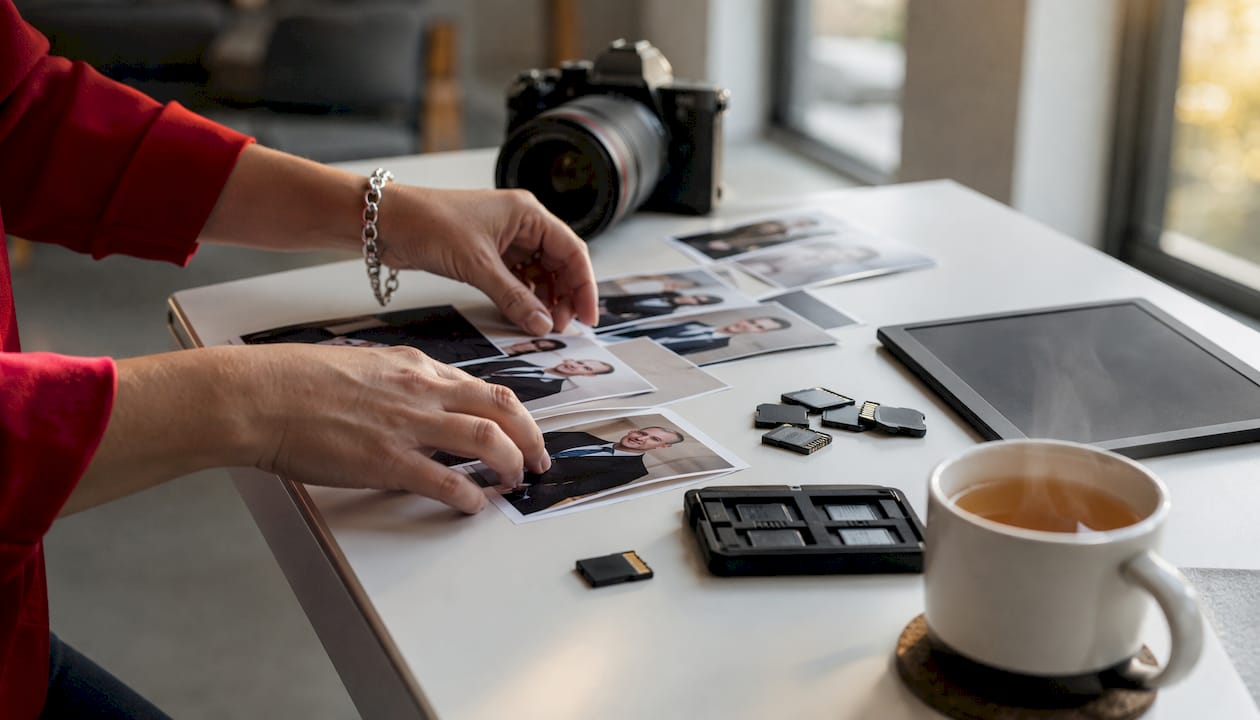 Photographer organizing executive photo proofs and memory cards