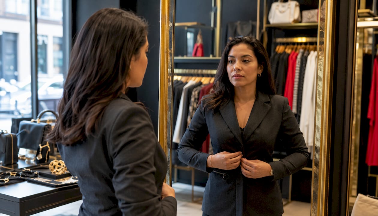 Woman checking jacket fit in office mirror