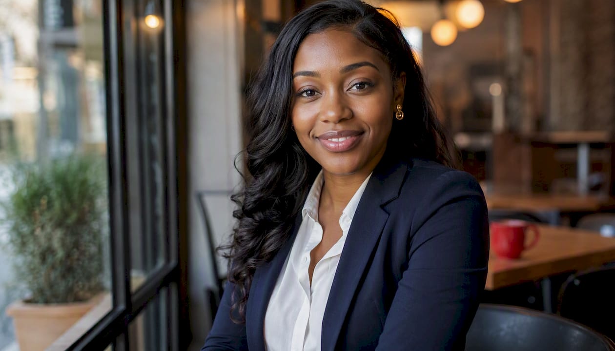 Woman poised with confident smile in office lobby