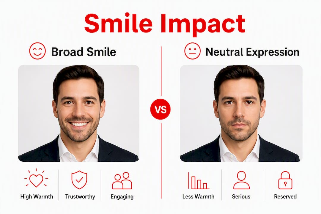 Infographic comparing broad smile and neutral expression impact