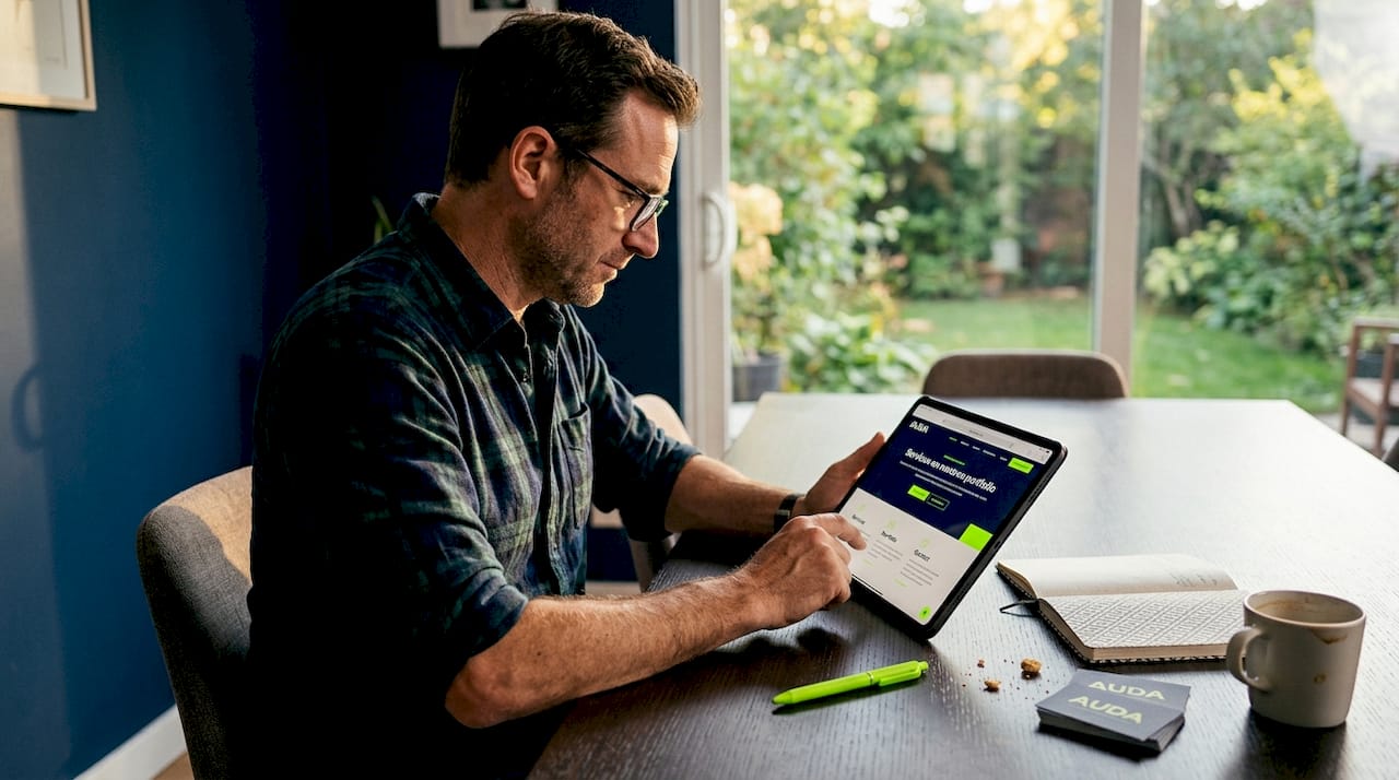 Un chef d’entreprise consulte le site de sa société sur sa tablette.