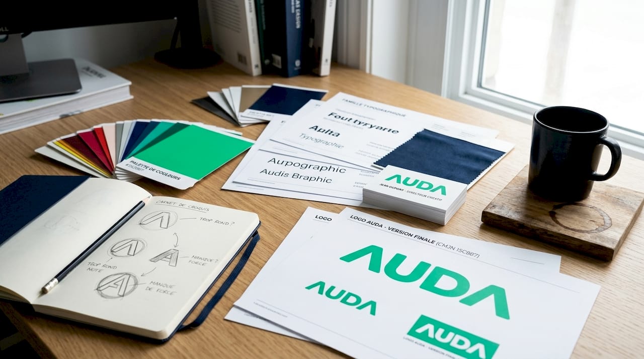 Espace de travail mettant en avant la charte graphique et les éléments d’identité visuelle de la marque