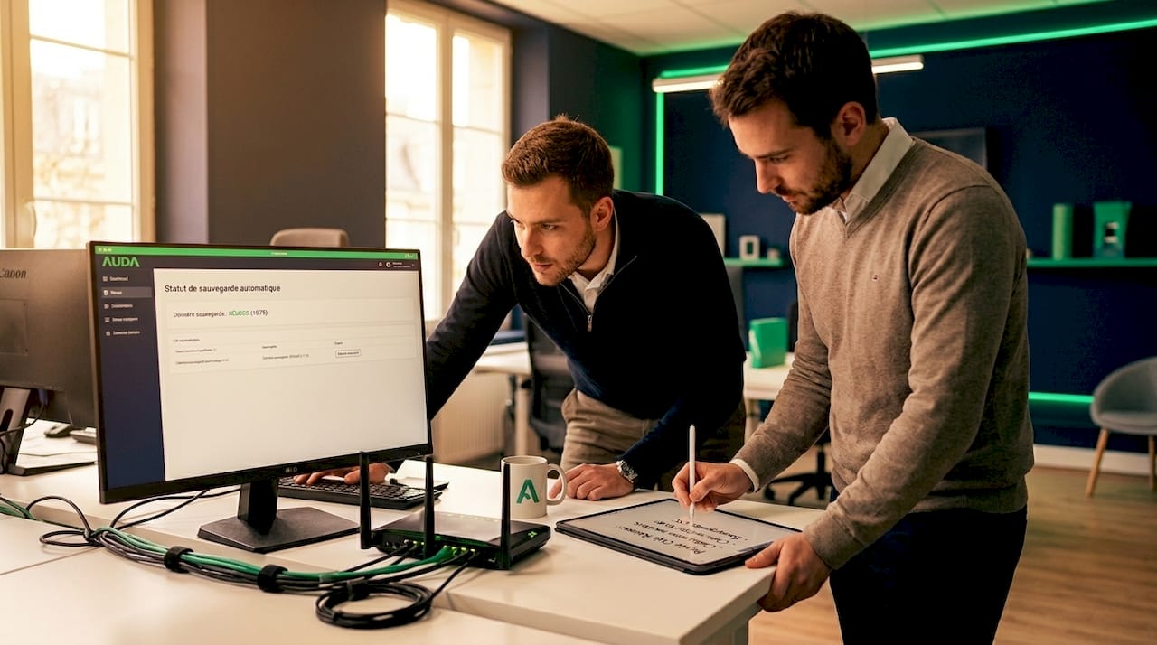 Des techniciens informatiques en PME s’assurent que les sauvegardes numériques sont bien à jour et fonctionnent correctement.
