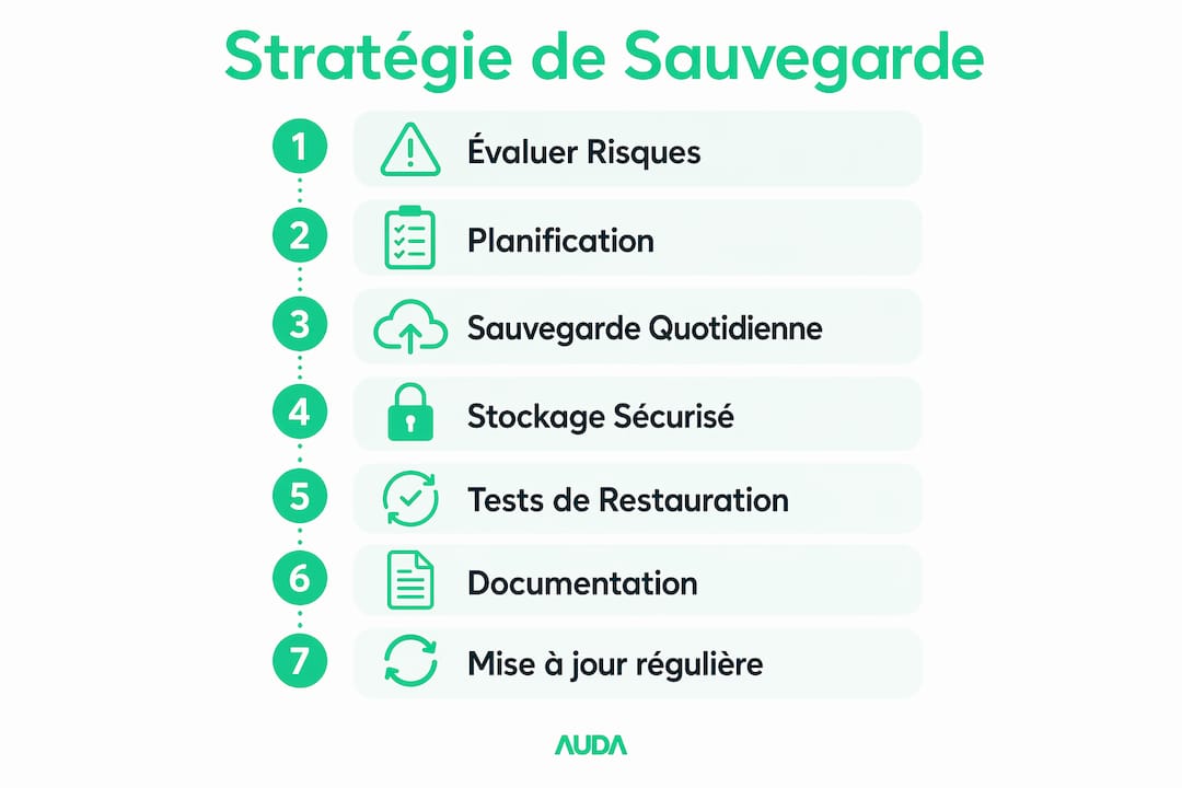 Découvrez en un coup d’œil les étapes essentielles pour mettre en place une stratégie de sauvegarde efficace au sein de votre PME grâce à notre infographie.